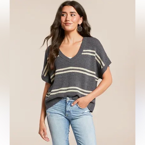 Sweet Lemon Striped V-Neck Dolman Sweater Top. Women’s Sz-S Dark Gray/Cream EUC - Picture 1 of 10